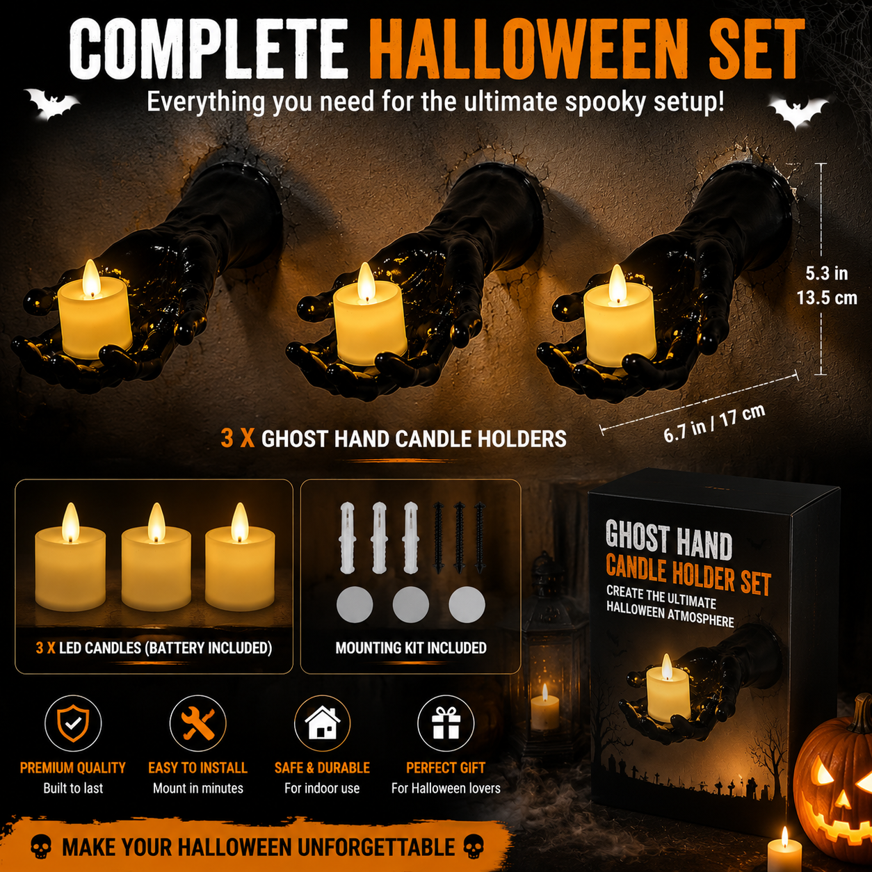 🔥 FLASH SALE 50% OFF – Ghost Hand LED Candle Holder Set – Spooky Gothic Halloween Decor
