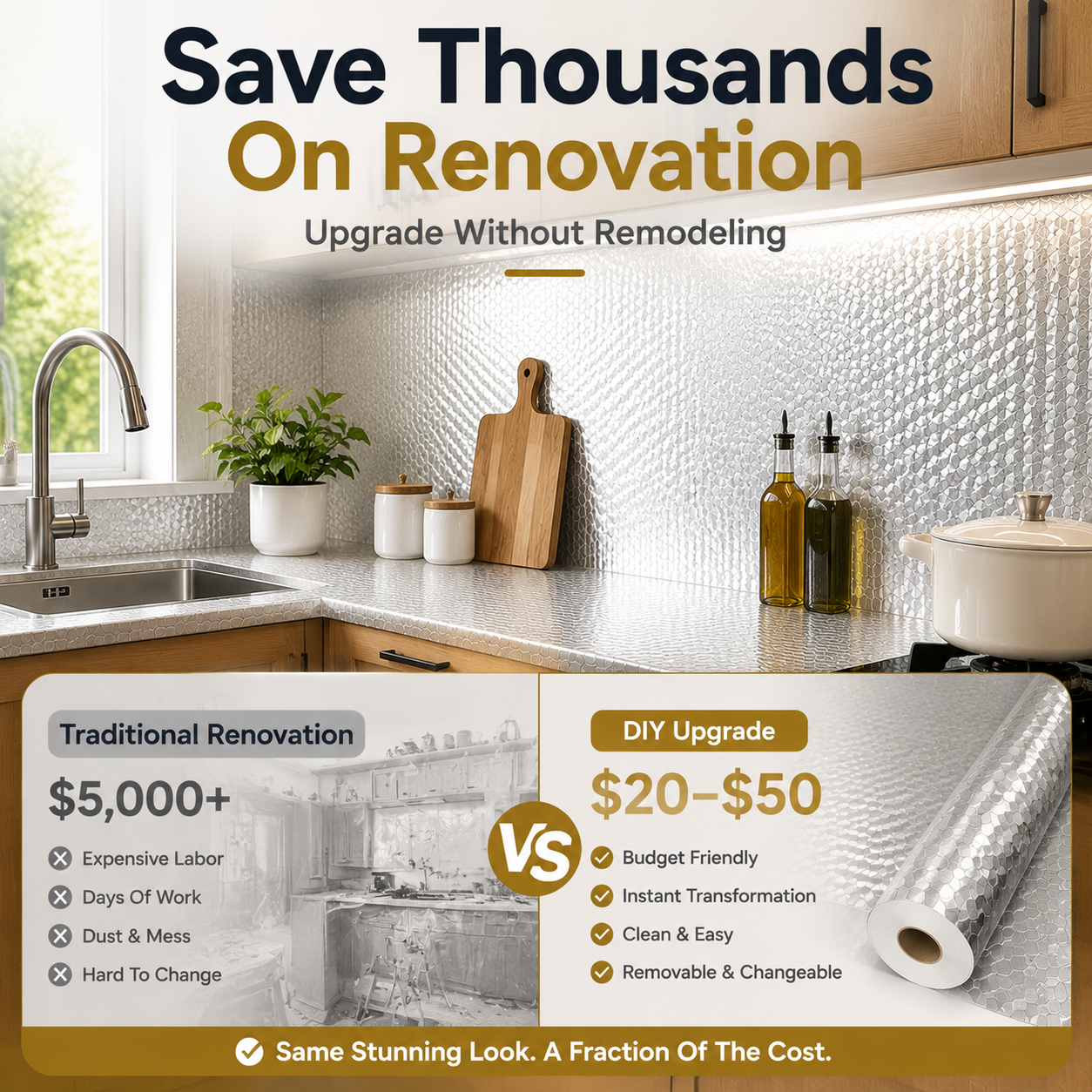 ✨ Peel & Stick Kitchen Makeover Film – Waterproof DIY Countertop & Cabinet Cover