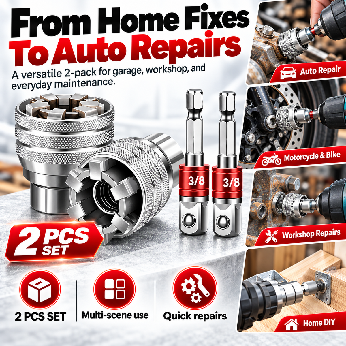 🔧2-Pack Self-Adjusting Universal Socket Set – 10–19mm Grip with 3/8" Drive Adapters