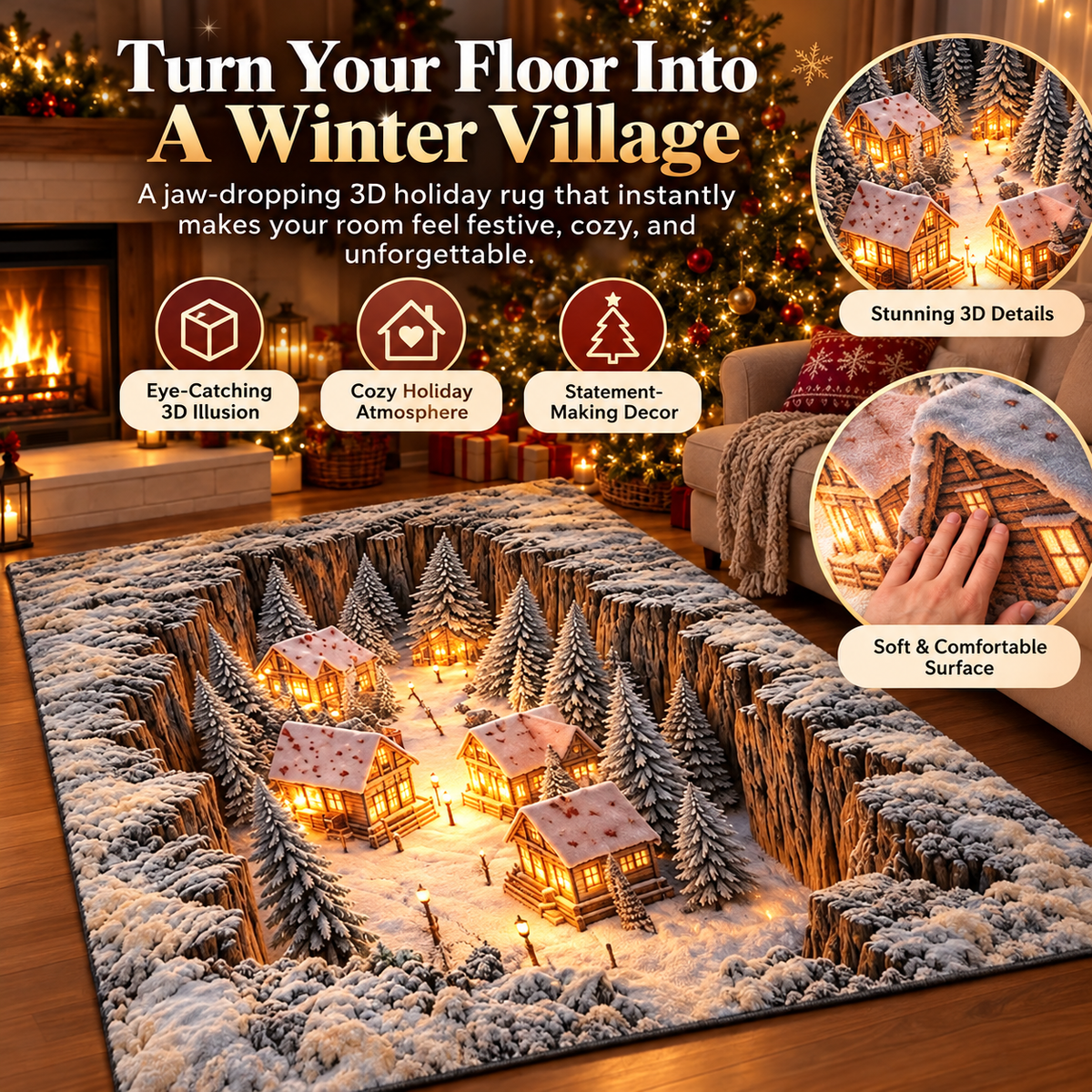 🎄✨ 3D Winter Village Christmas Rug ❄️🏡 Cozy Snowy Cabin 3D Illusion Floor Mat 🏠🔥 Festive Holiday Home Decor 🎁🌟
