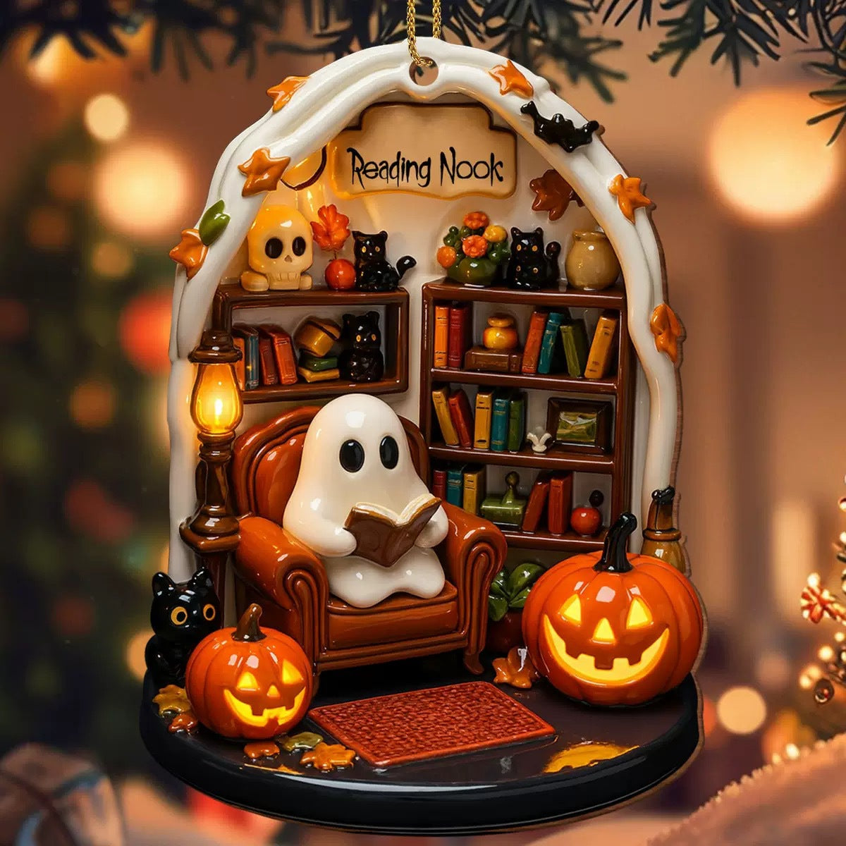 Halloween Reading Nook Wooden Ornament – Cozy Book Lover Gift