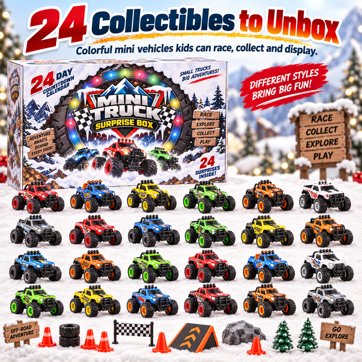 ๐ 24-Day Mini Monster Truck Advent Calendar โ Surprise Vehicle Countdown Box
