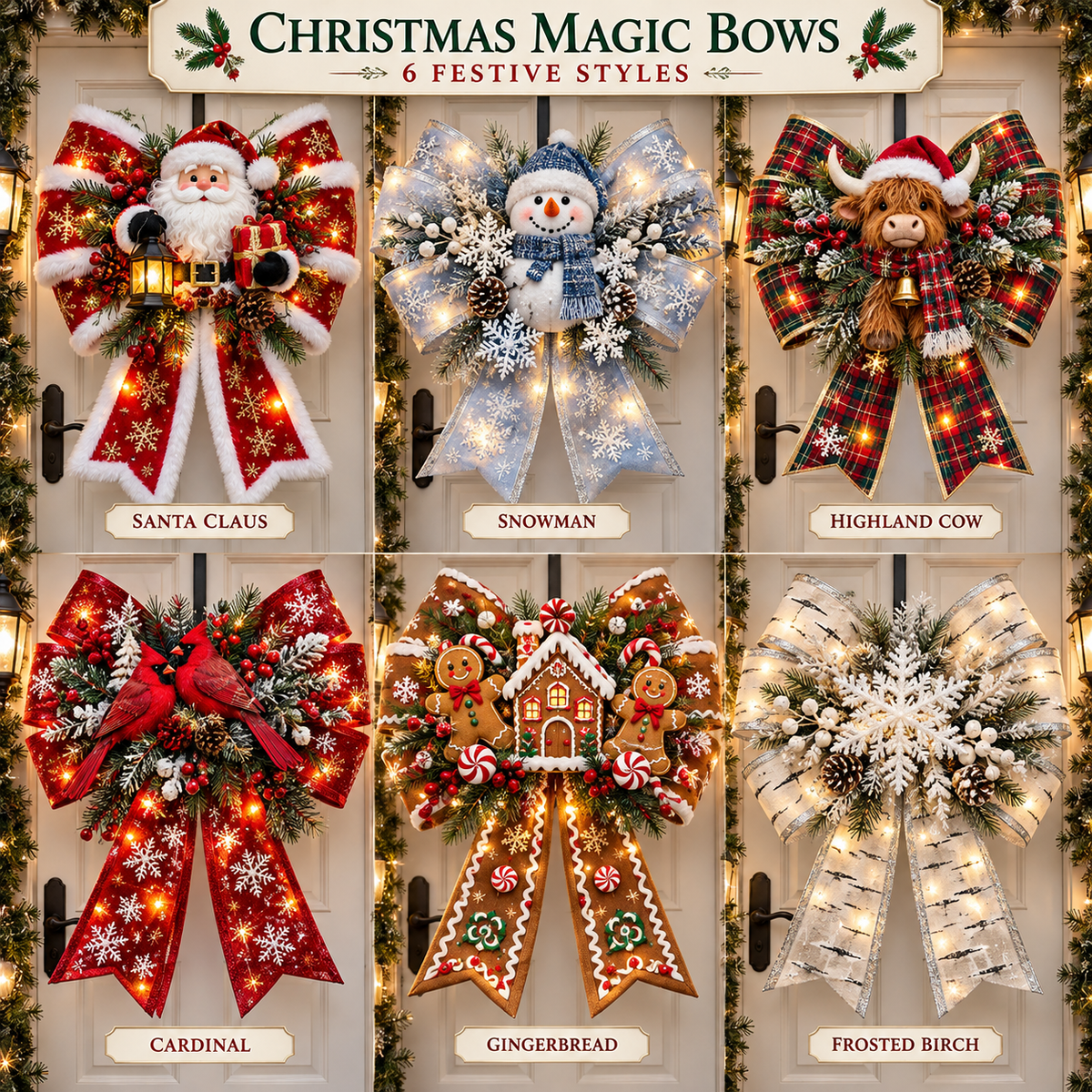 🎀🎄 Oversized Light-Up Christmas Door Bow – 24-Inch Holiday Welcome Decoration with Warm LED Glow, Santa, Snowman, Highland Cow & 6 Festive Styles ✨🏡