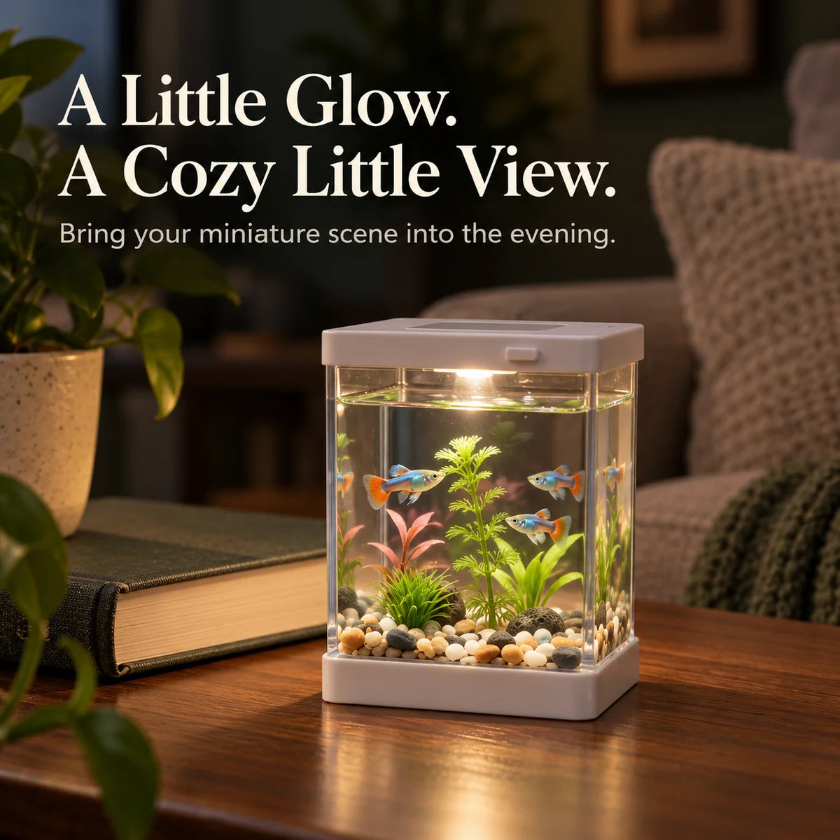 🐠🌿 Mini Desktop Aquarium Display – Clear-Sided Fish Scene with Decorative Plants, Pebble Details & Removable Top | Cozy Desk Decor ✨