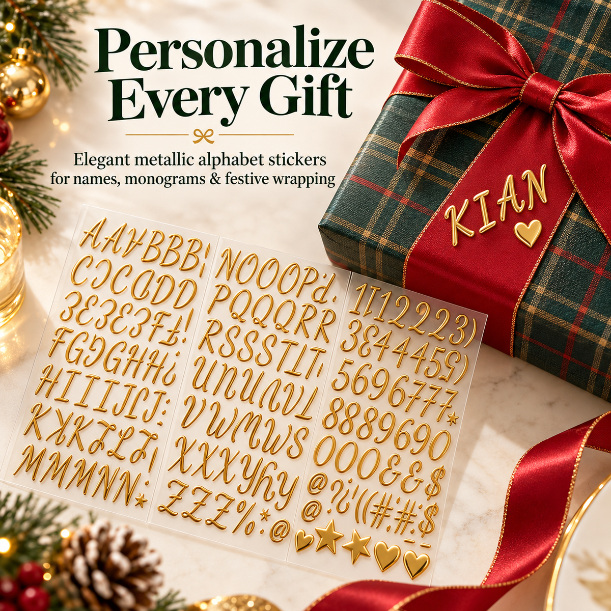 🎁✨ 3D Metallic Alphabet Stickers – Raised Letter, Number & Symbol Decals for Personalized Gifts, Cards & DIY Crafts 💖🎄 | 5 Colors