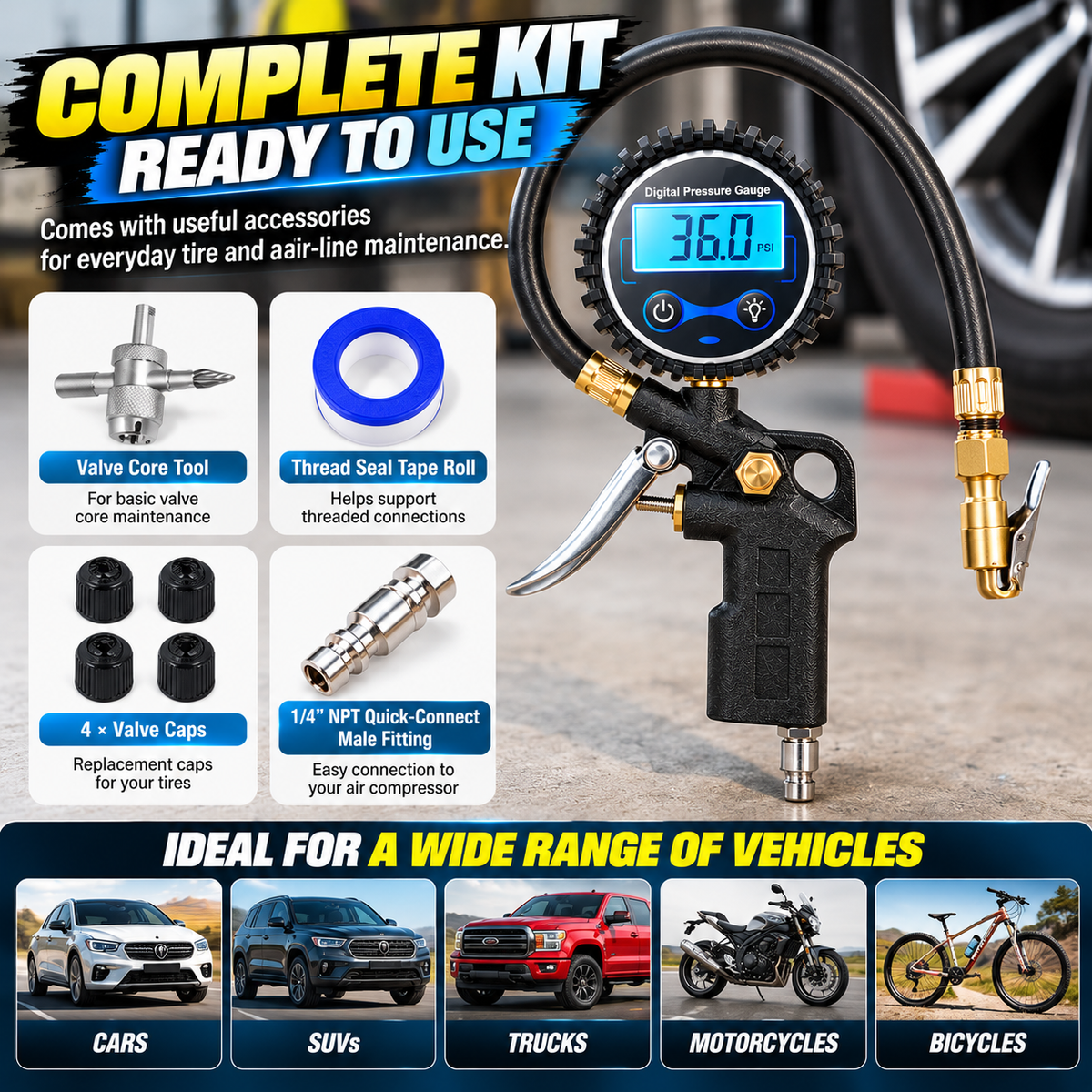 โก Digital Tire Inflator Gauge โ One Tool for Faster Tire Pressure Maintenance