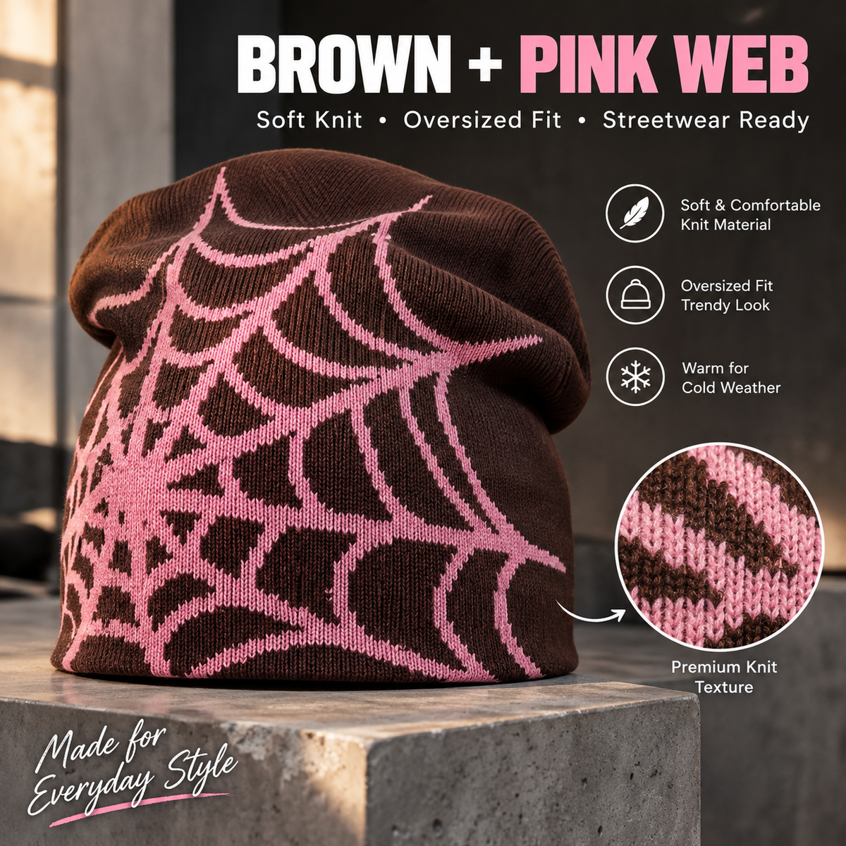 Oversized Spiderweb Knit Beanie – Bold Contrast Streetwear Winter Hat