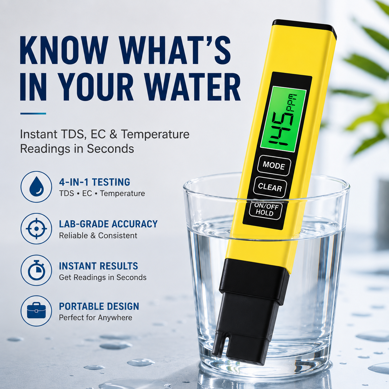 4-in-1 Digital TDS Water Tester – Portable EC & Temperature Meter
