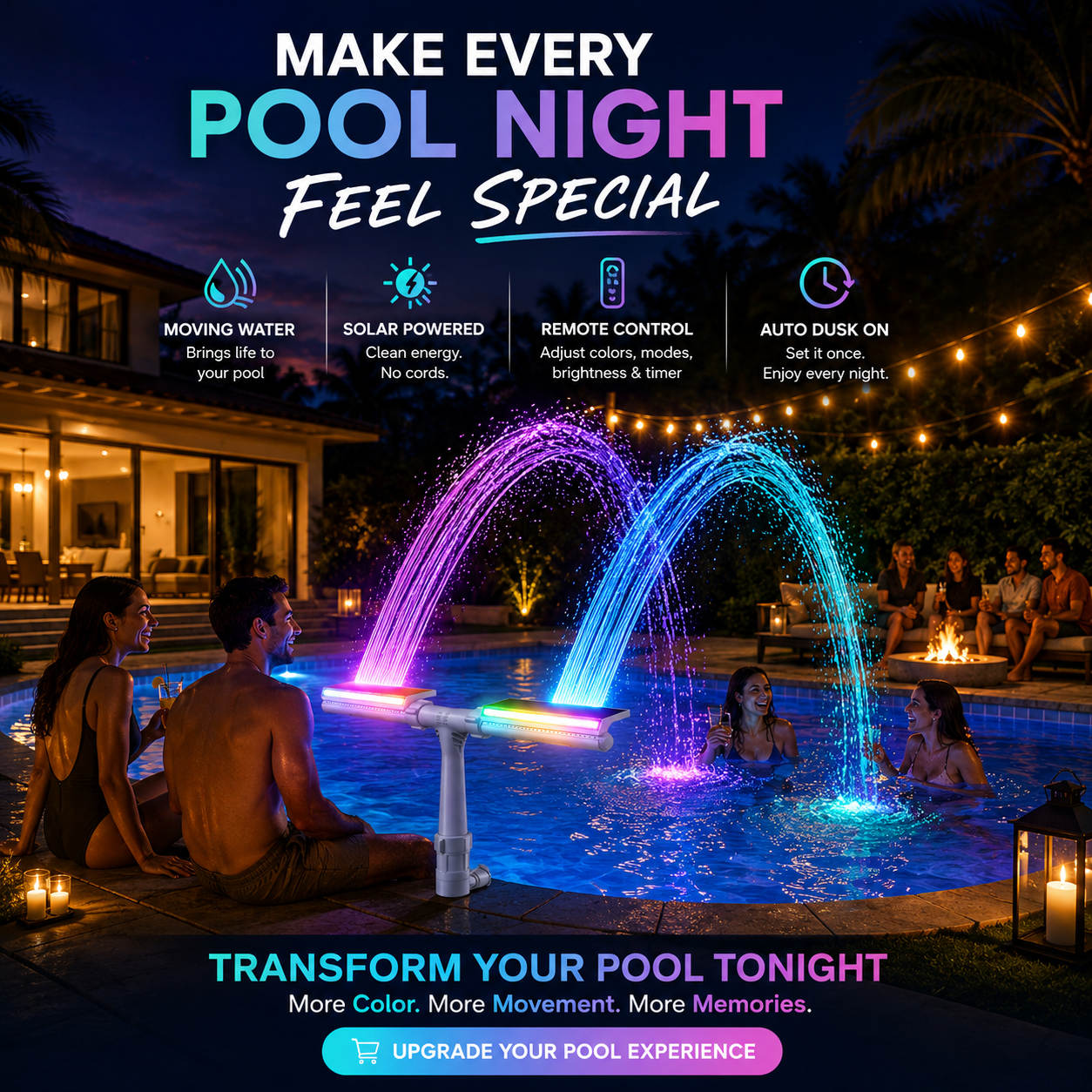 Solar Pool Fountain with RGB Lights – Dual Spray Remote-Controlled Fountain