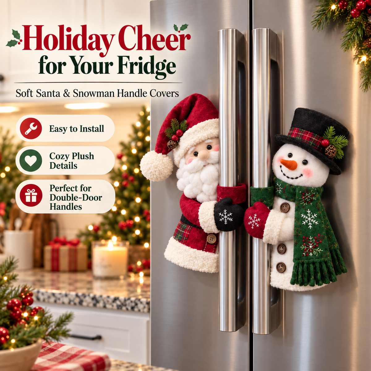 2-Piece Santa & Snowman Christmas Handle Huggers – Plush Refrigerator & Cabinet Handle Covers