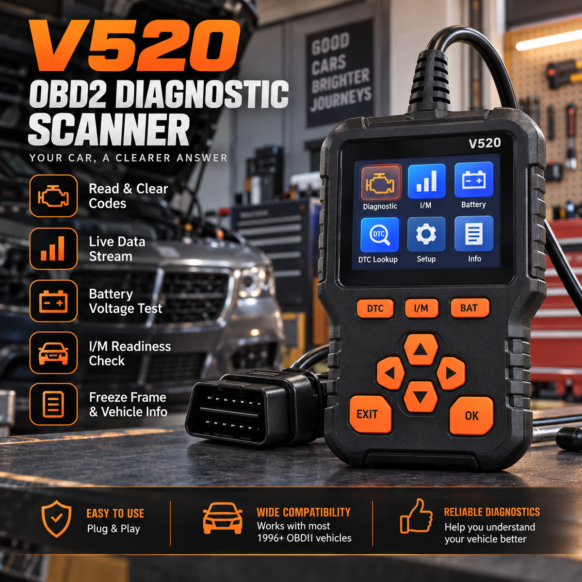 V520 OBD2 Scanner Car Diagnostic Tool, Code Reader with Live Data Stream, Battery Voltage Test & I/M Readiness for All OBDII Vehicles