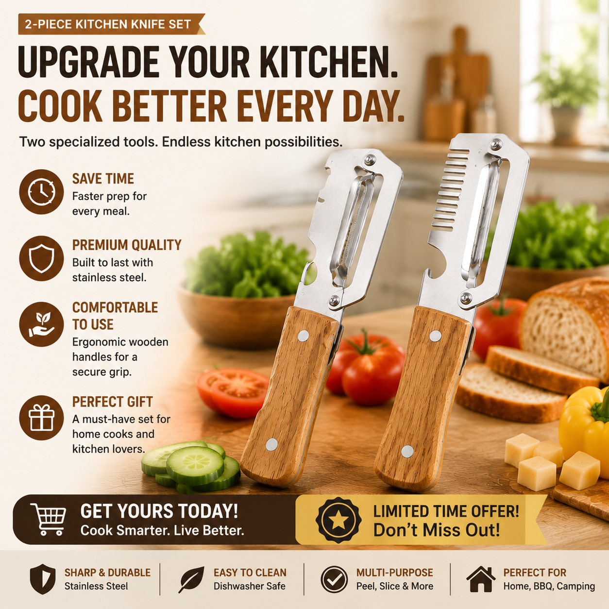 🔥LAST DAY 50% OFF -✨ 2-Piece Kitchen Knife Set – Premium Peeler Knife & Comb Slicing Knife with Wooden Handle.