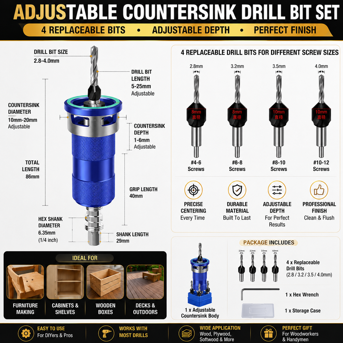 π© Adjustable Countersink Drill Bit Set | Professional Woodworking Screw Finishing Toolβ‘