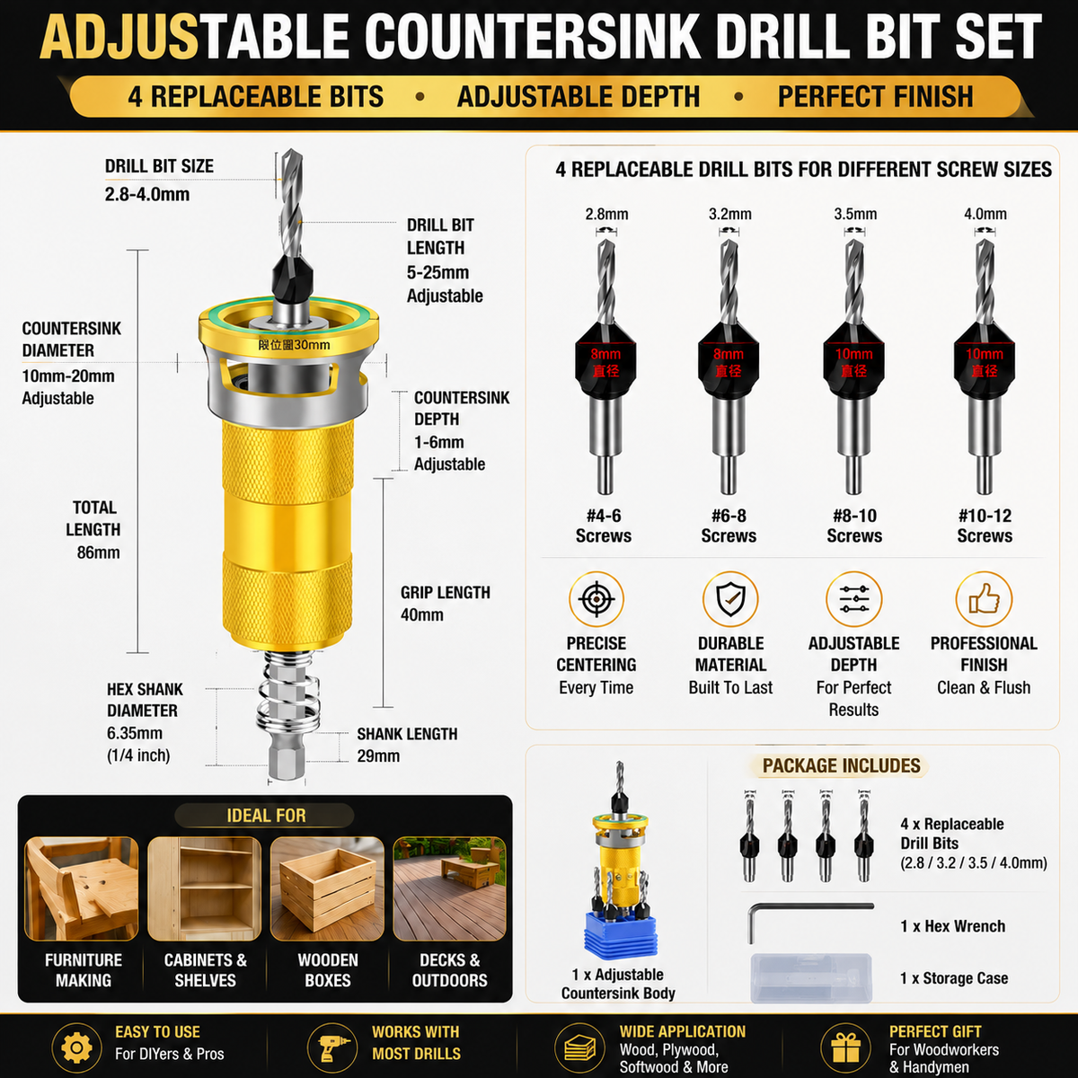 π© Adjustable Countersink Drill Bit Set | Professional Woodworking Screw Finishing Tool