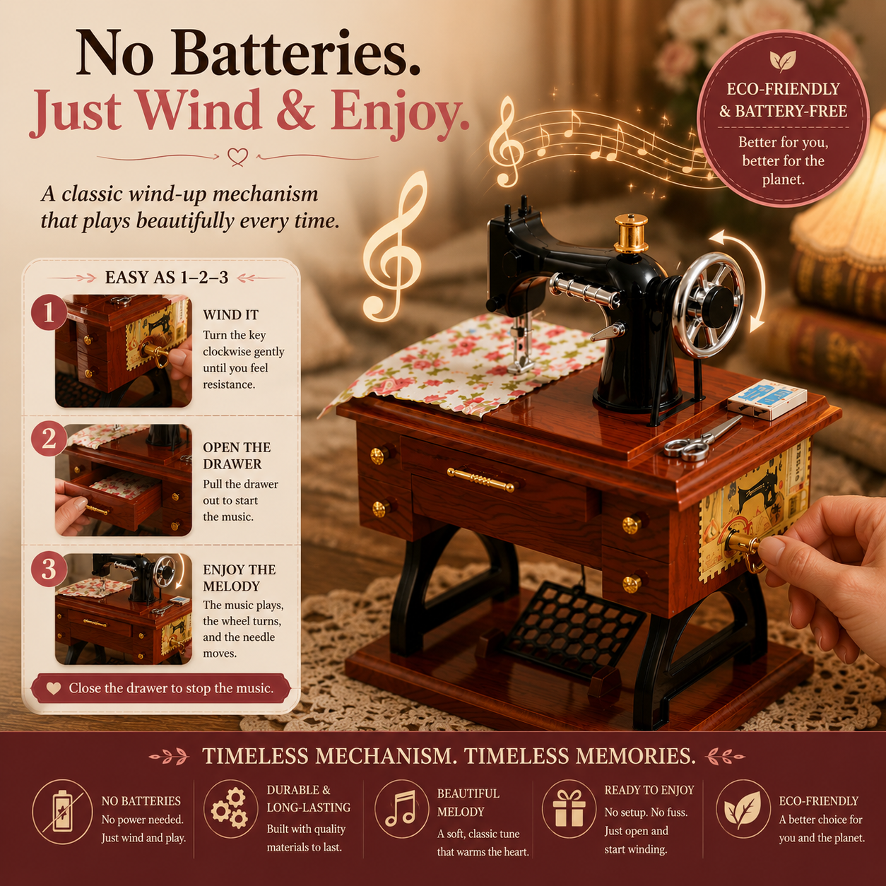 Vintage Mini Sewing Machine Music Box – Meaningful Keepsake for Mom & Grandma