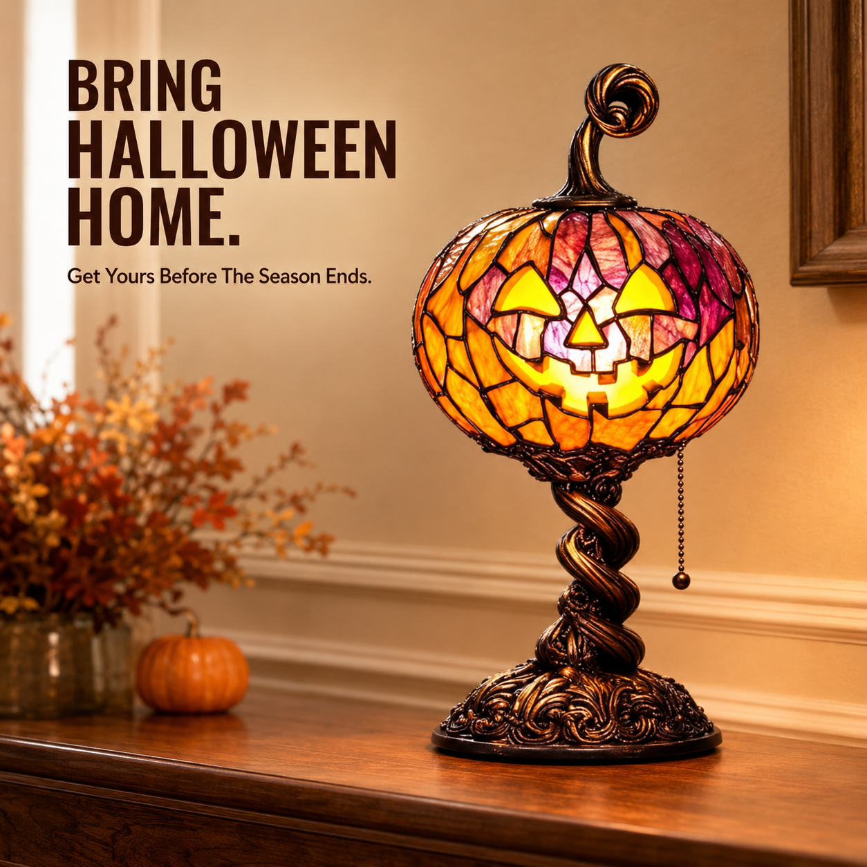 Halloween Pumpkin Glow Lamp – Vintage Stained-Glass-Style Table Light
