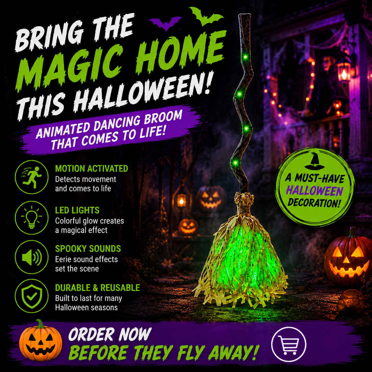 35" Animated Dancing Witch Broom โ Motion Activated Halloween Decor