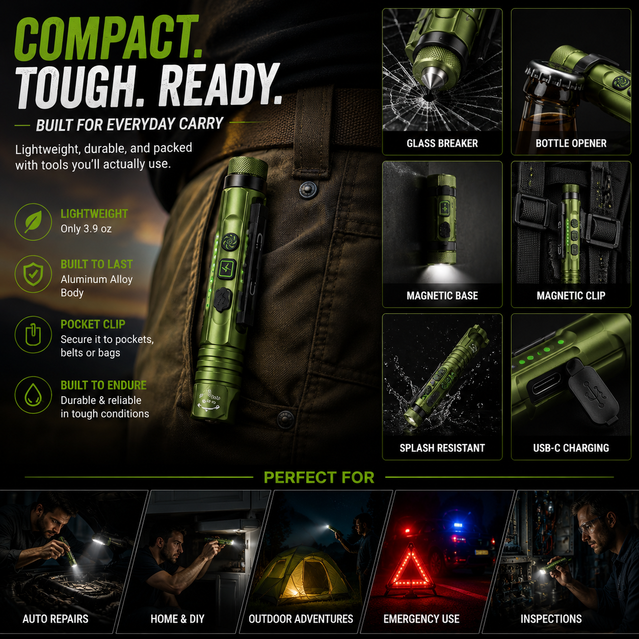 🚨11-in-1 Rechargeable EDC Flashlight – 800LM Magnetic Work Light with Laser
