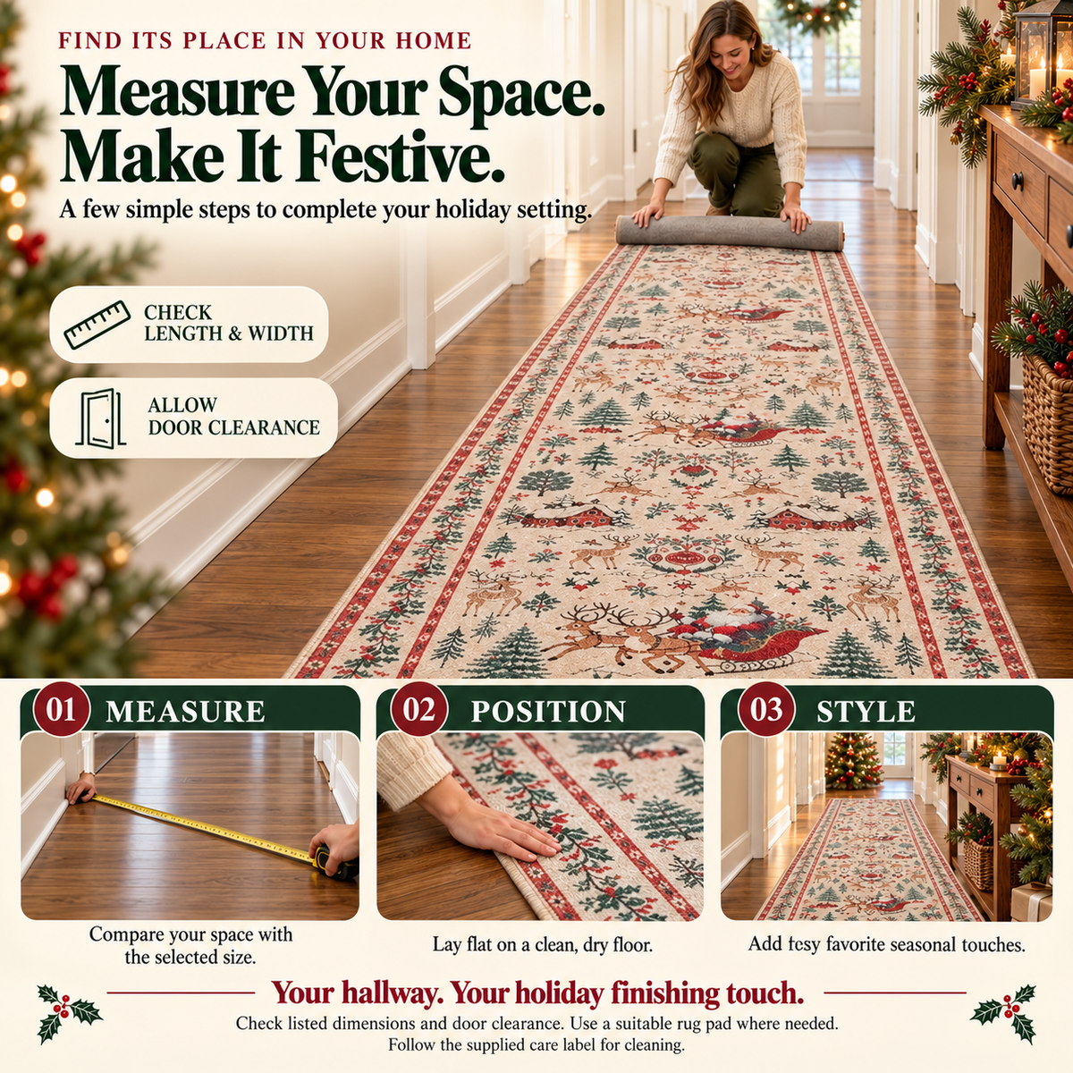 🔥LAST DAY 49% OFF -🎄 Vintage Christmas Runner Rug – Santa, Reindeer & Timeless Holiday Charm
