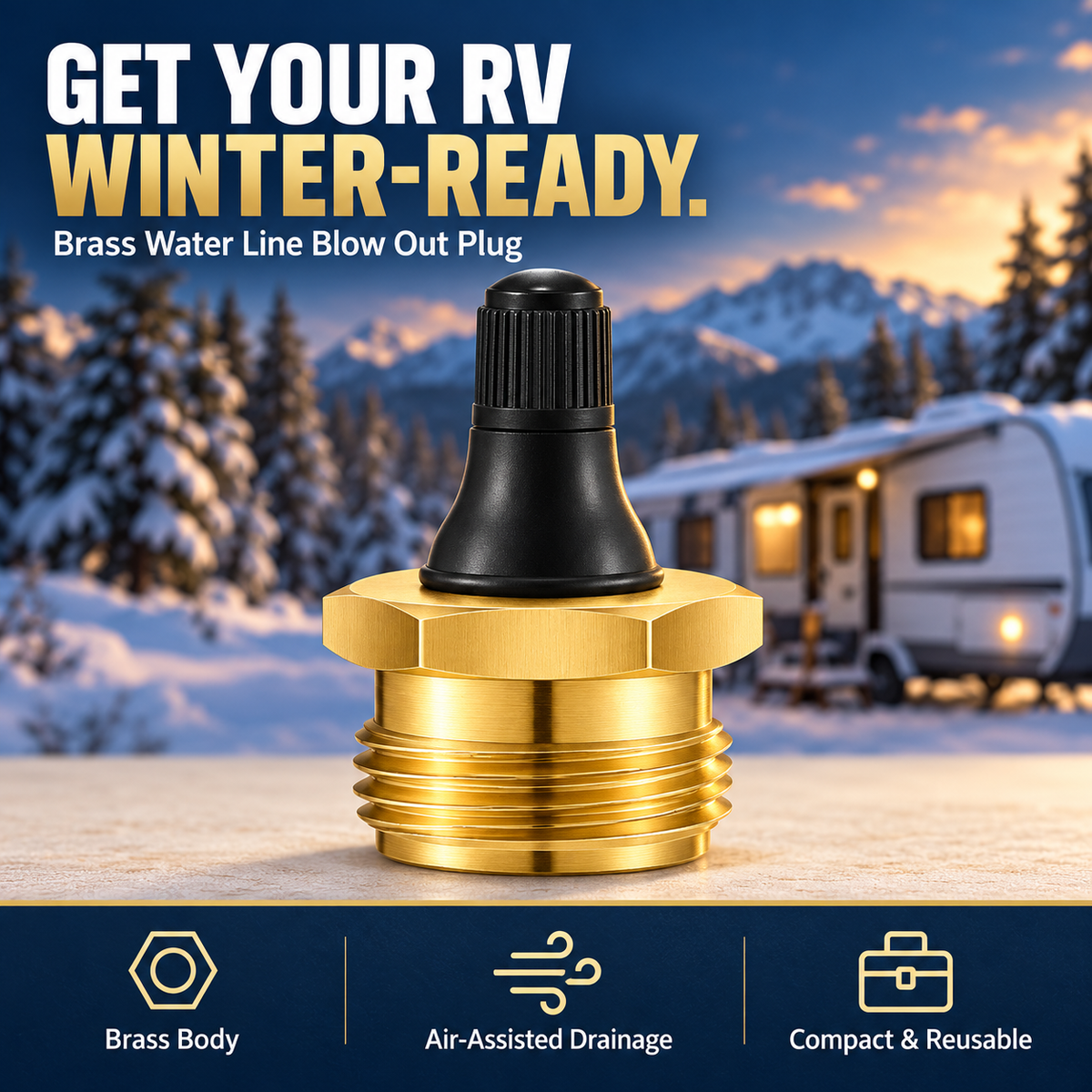 Brass RV blow-out plug stored with seasonal camper maintenance essentials