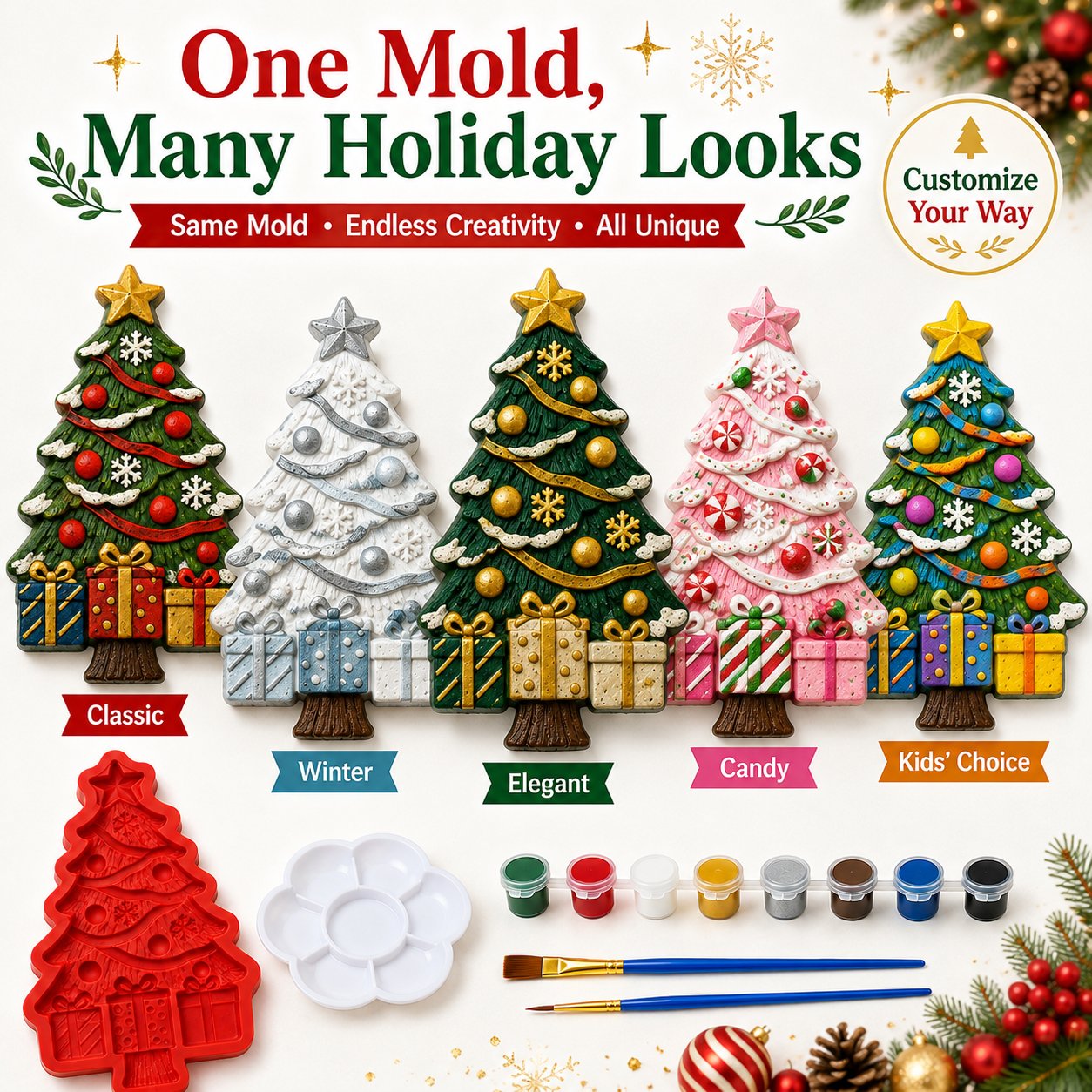 ๐ DIY Christmas Mold & Paint Craft Kit | Reusable 3D Mold with 8 Acrylic Paints, 2 Brushes & Festive Detail Guide ๐จโจ