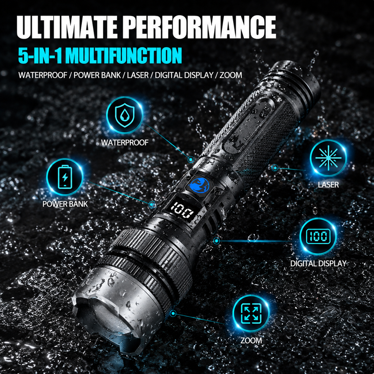 π 50% Off! π High-power flashlight: features an aluminum alloy heat-dissipating head and a telescopic zoom design for powerful, concentrated light; also functions as a power bank and includes a digital battery level display.