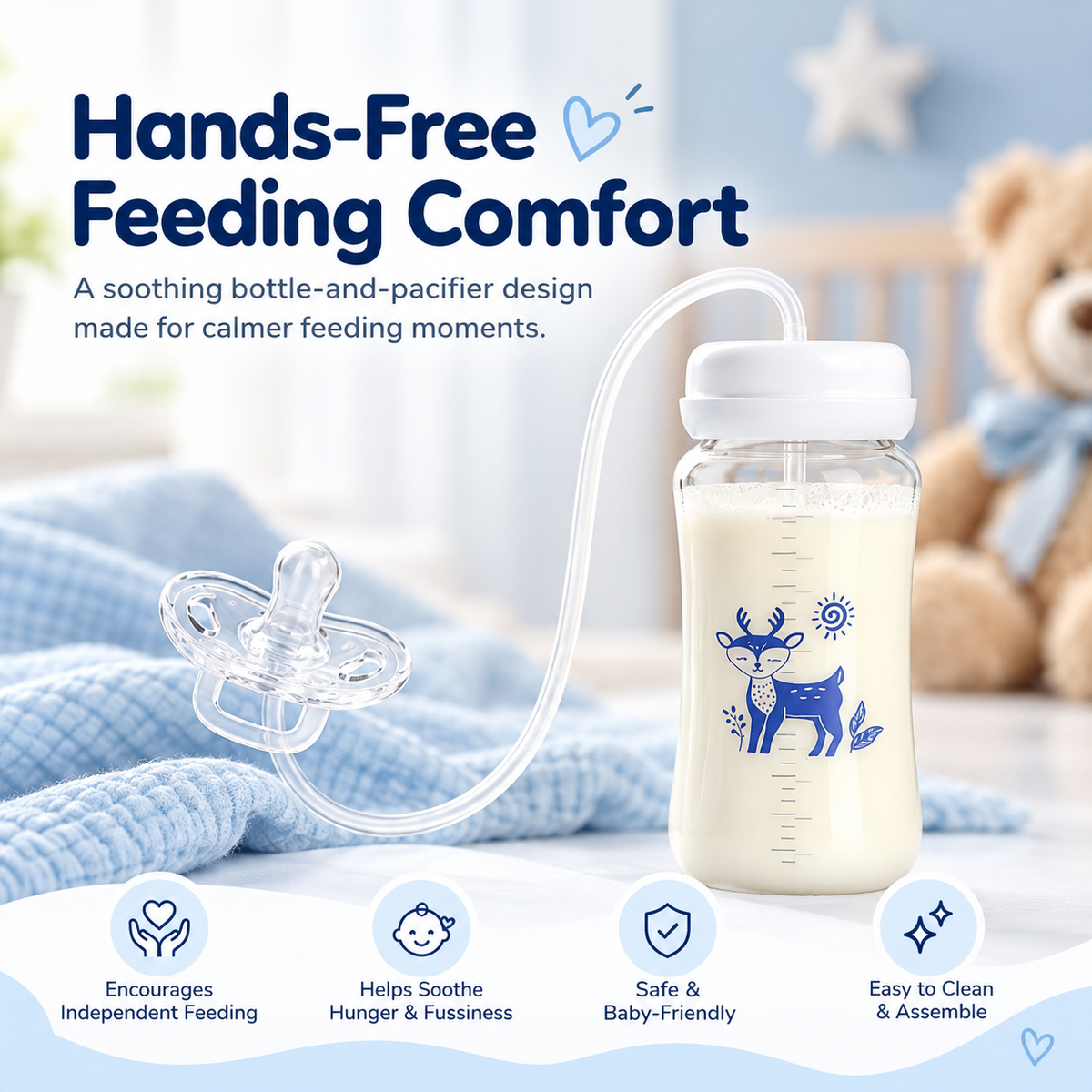 🍼💙✨ Cute Deer Baby Feeding Bottle & Connected Pacifier Set 🦌👶💕 Flexible Tube Design, Clear Milk Bottle, Baby Feeding Essential 🎀🍼 (Blue & Pink) ✨💗