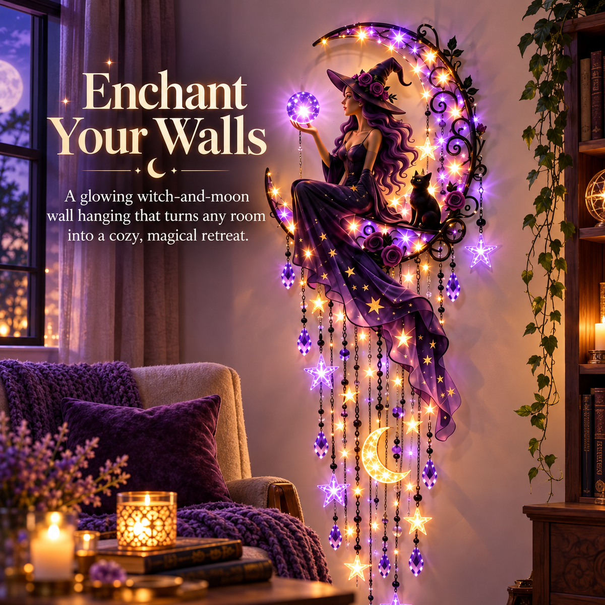 🔮✨ Enchanted Witch Moon Wall Hanging 🌙💜 Glowing Crystal Ball & Star Lights ⭐🐈⬛ Magical Gothic Wall Decor for Bedroom, Halloween & Cozy Home 🪄