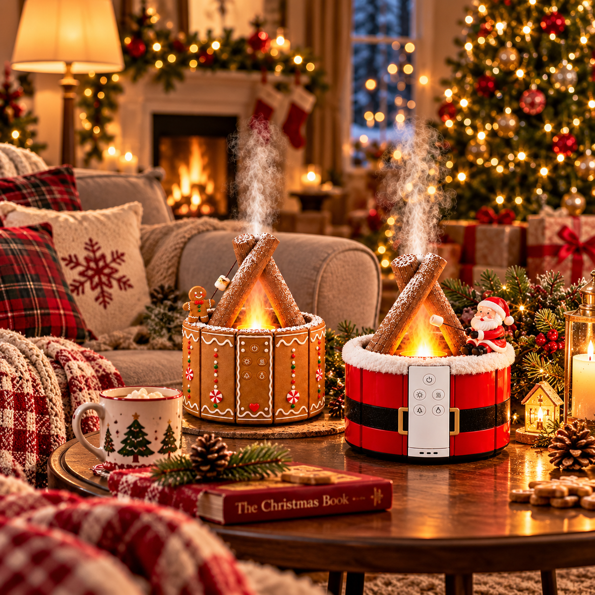 🎄 MerryMist Christmas Campfire Aroma Diffuser – Cozy Flame-Style Glow, Festive Mist & Adorable Santa/Gingerbread Designs