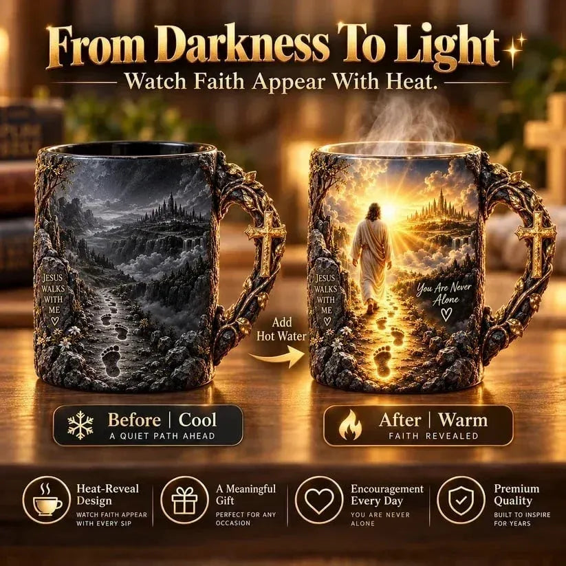 Front, back and top views of the heat-reveal Christian mug