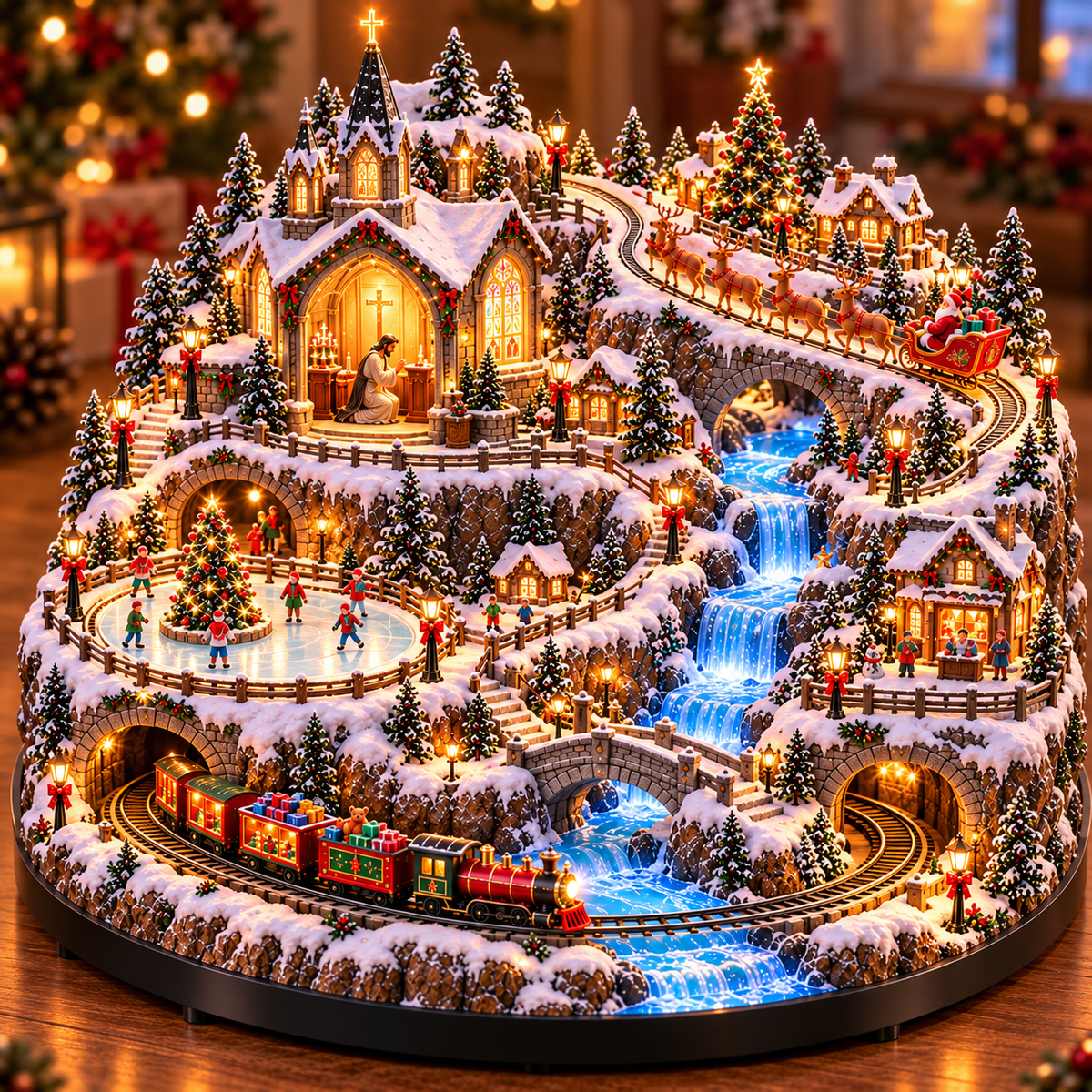 Complete lighted Christmas village centerpiece with chapel, train and reindeer sleigh