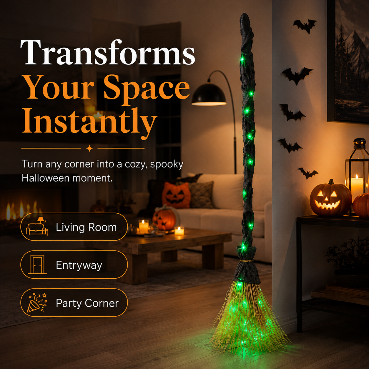 Light-Up Witch Broom Halloween Decor – Spooky Green LED Witch Broom