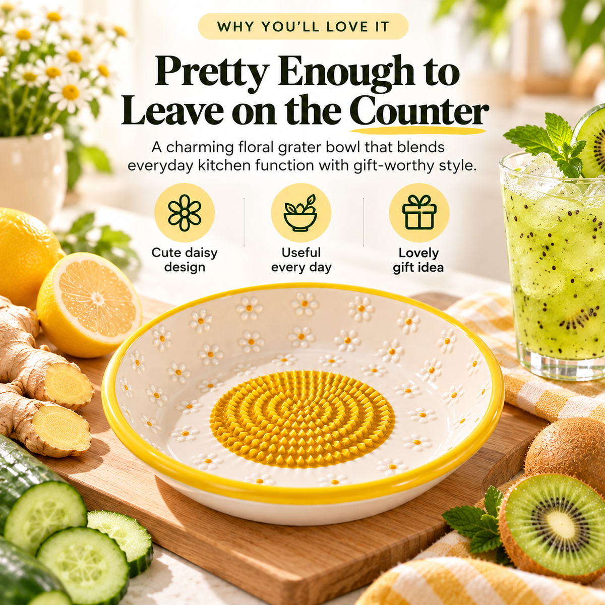 🍽️Ceramic Grater Plate – Daisy Garlic & Ginger Grater for Fresh Sauces, Dressings & More