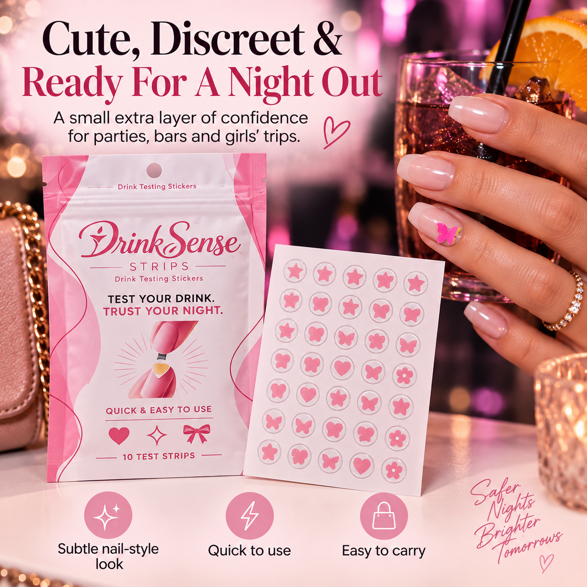 💗 Discreet Drink Test Nail Stickers – Heart-Shaped GHB Detection Stickers for Women's Night Out Safety ✨