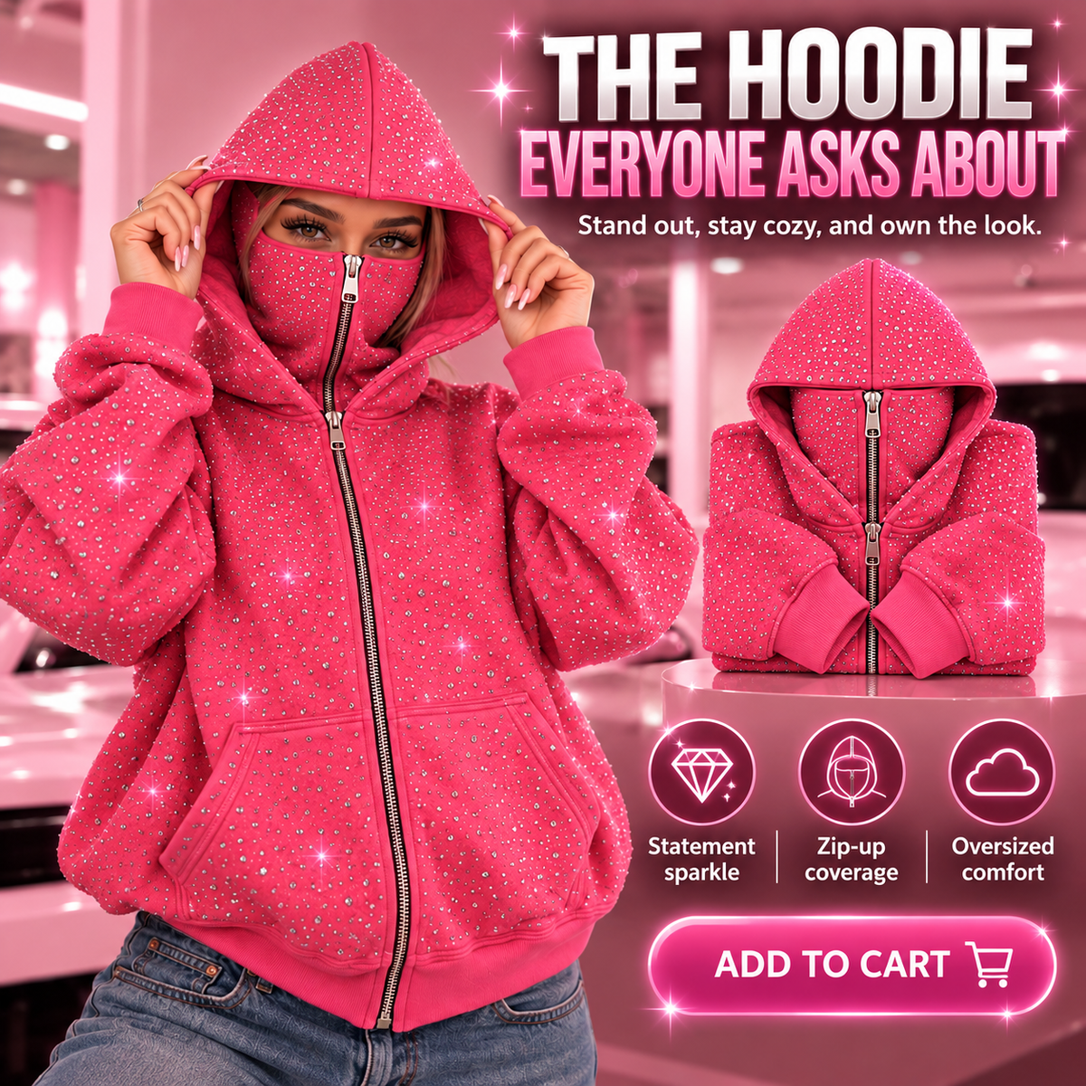 👚Pink Rhinestone Full-Zip Hoodie with Convertible Face Cover – Oversized Streetwear