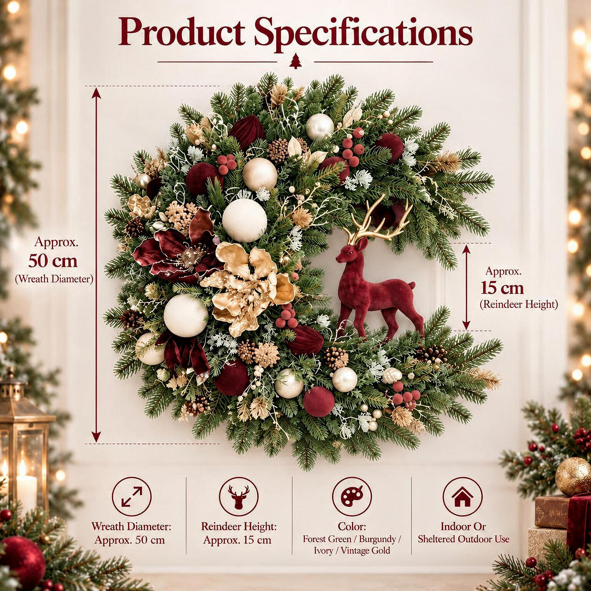 🦌🎄 Vintage Woodland Reindeer Christmas Wreath ✨ Burgundy & Gold Holiday Door Decor