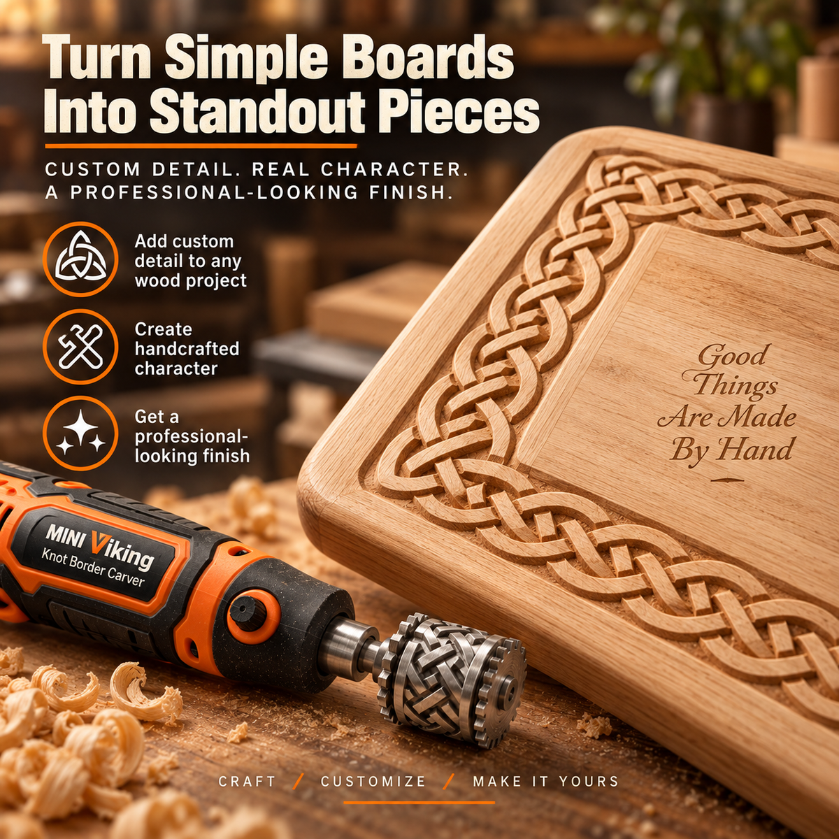 Finished wooden board with continuous Viking Celtic-style carved knot border