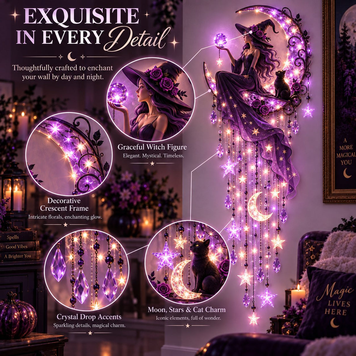 Close details of witch crescent frame crystal drops stars and black cat