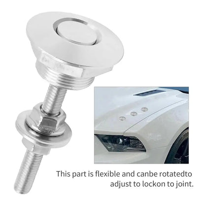 Adjustable metal quick-release latch with threaded mounting rod and example of a fitted automotive panel