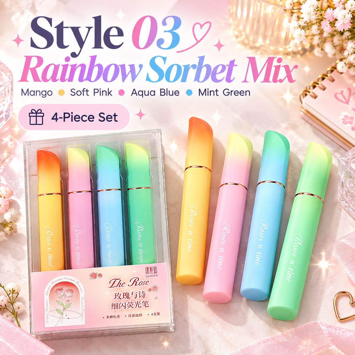 ✨🌈💖 Sparkly Pastel Highlighter Pens Set – 4-Piece Gradient Glitter Markers for Journaling, Study Notes & Planners 🖊️📚🎀💕