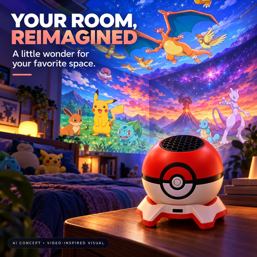 AI concept: red and white ball-shaped room projector in a fantasy bedroom
