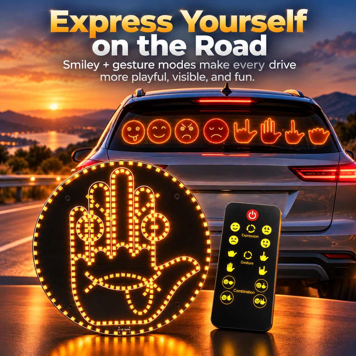 🚗🔥 LED Car Rear Window Gesture Light 😎🖕😂 – Funny Emoji & Hand Sign Display ✨ Wireless Remote Control 🚘 4 Modes | Fun Car Accessories 🎁