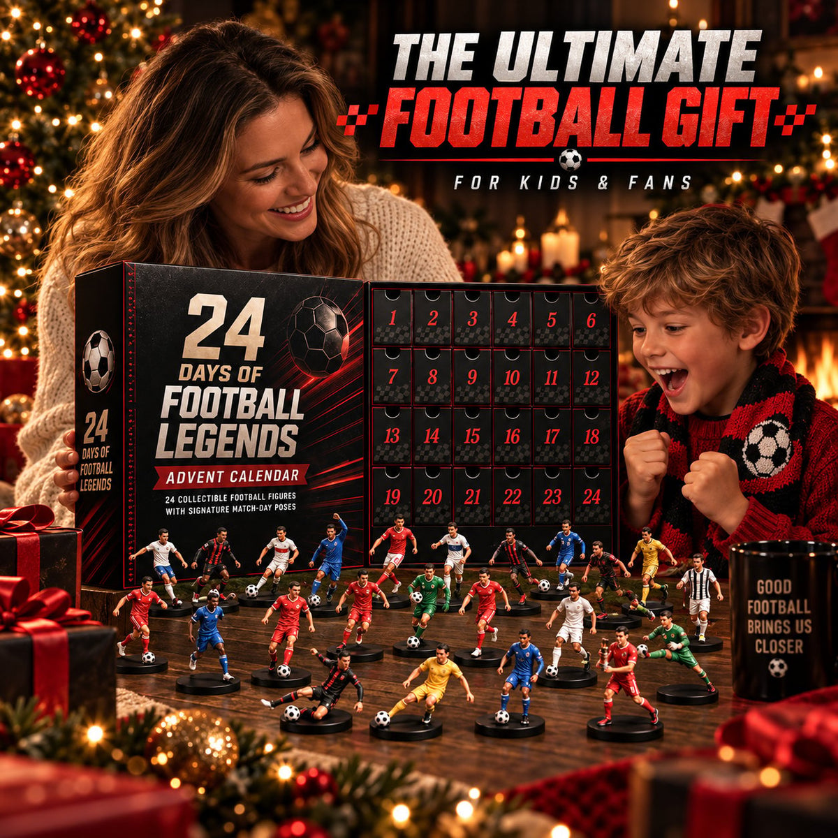 Football fan opening the football advent calendar with family at Christmas