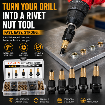 🚀Head Rivet Nut Tool-M3 M4 M5 M6 M8 Rivnut Kit-Carbon Steel Rivnut Set