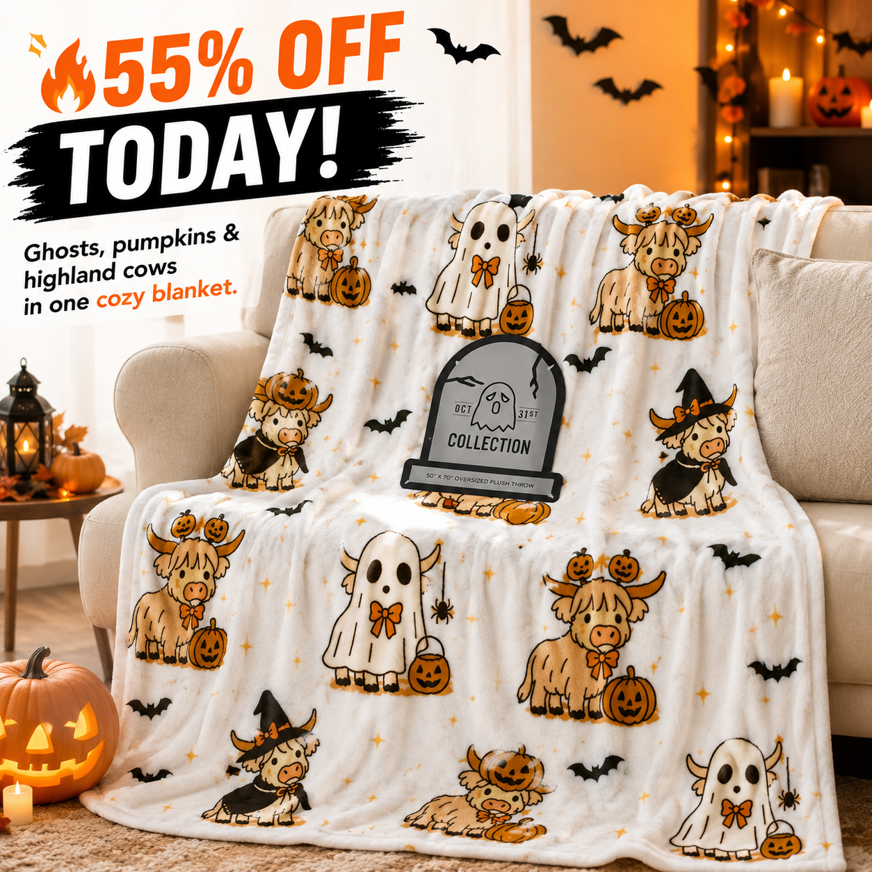 🔥 55% OFF TODAY 🎃 Cute Halloween Highland Cow Ghost Plush Throw Blanket