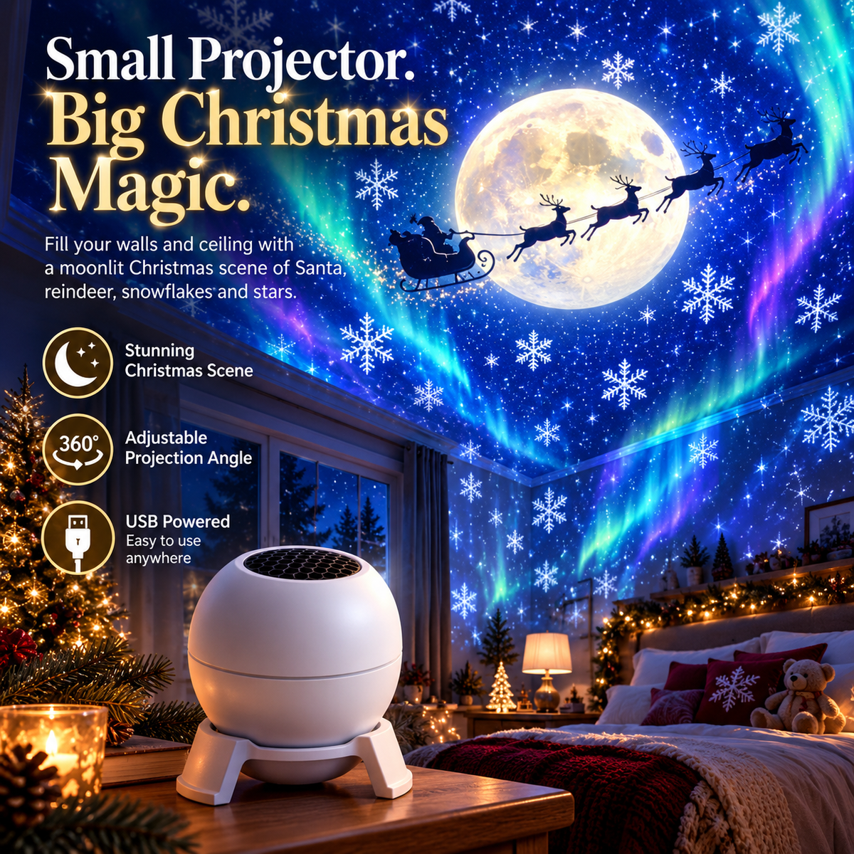 Christmas projector creating festive Santa reindeer moon and snowflake scenes