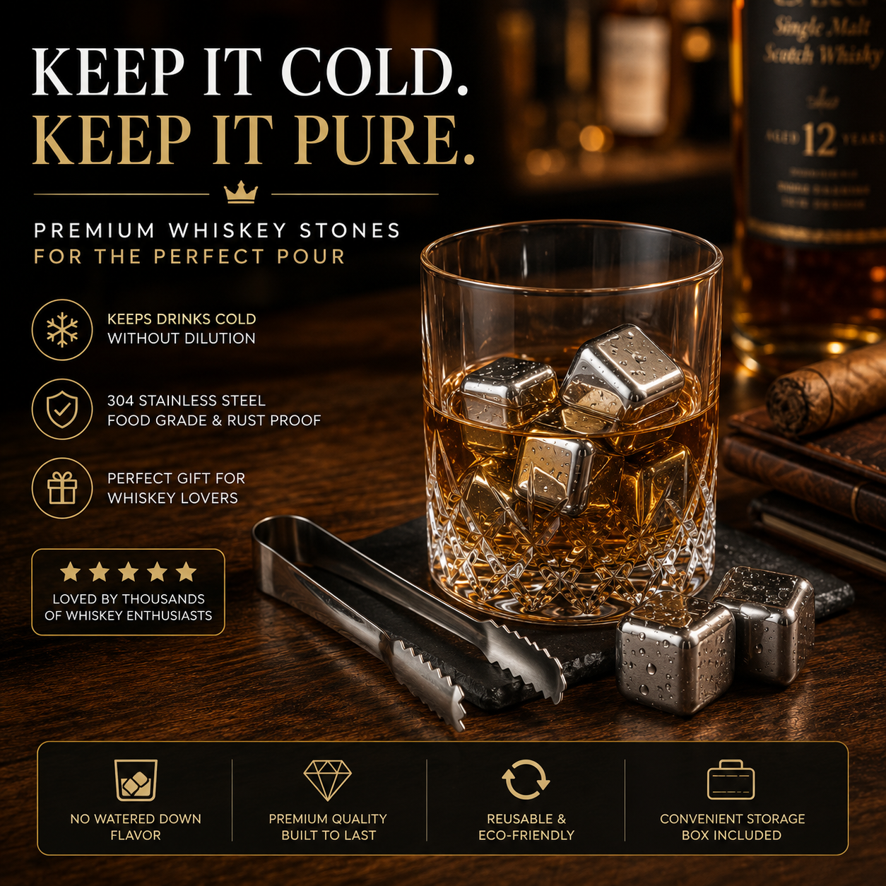 🔥 50% OFF TODAY | Stainless Steel Whiskey Stones – Chill Drinks Without Dilution 🥃