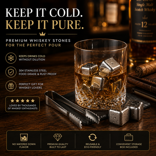 🔥 50% OFF TODAY | Stainless Steel Whiskey Stones – Chill Drinks Without Dilution 🥃