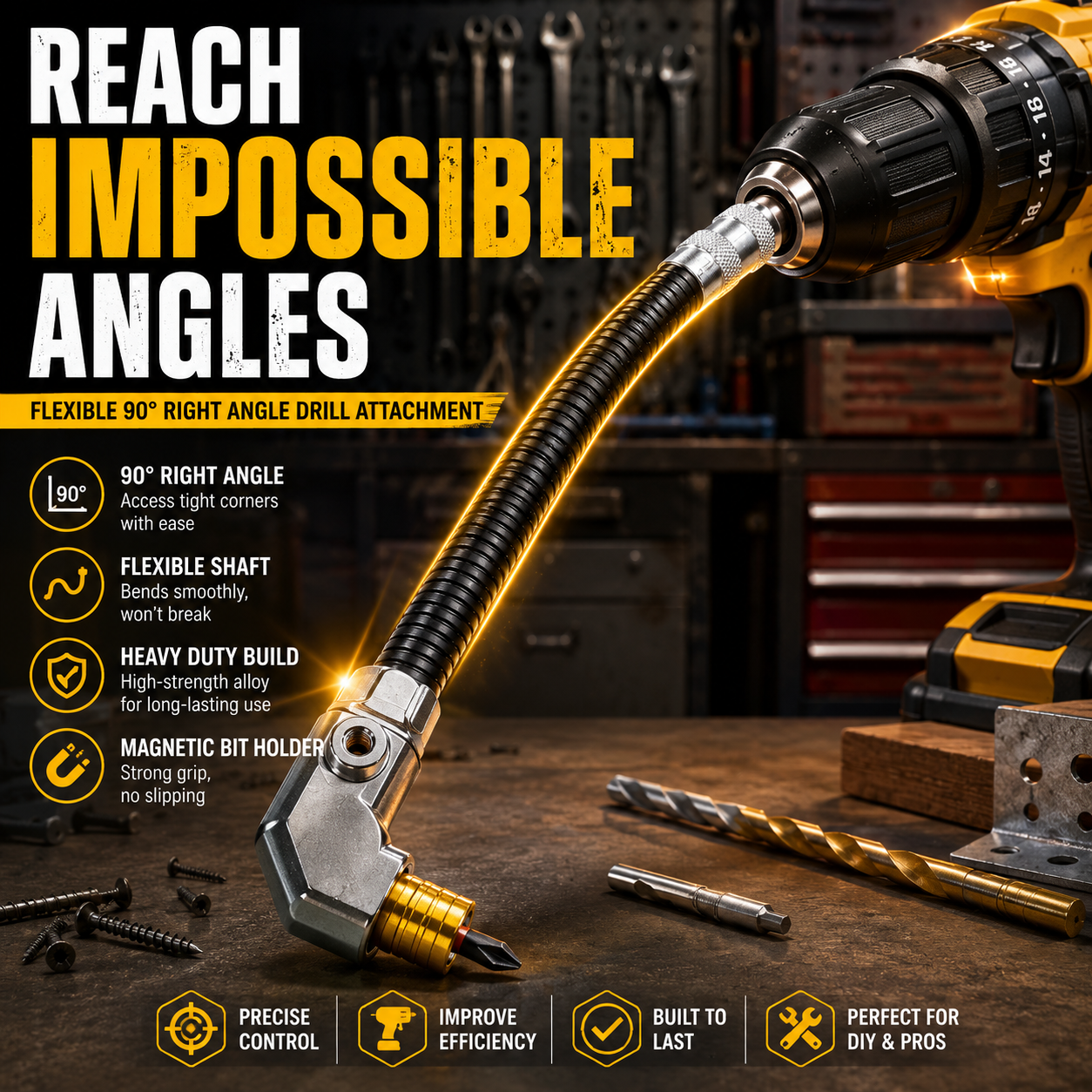 Flexible 90° Right Angle Drill Attachment – Tight Space Driver Adapter