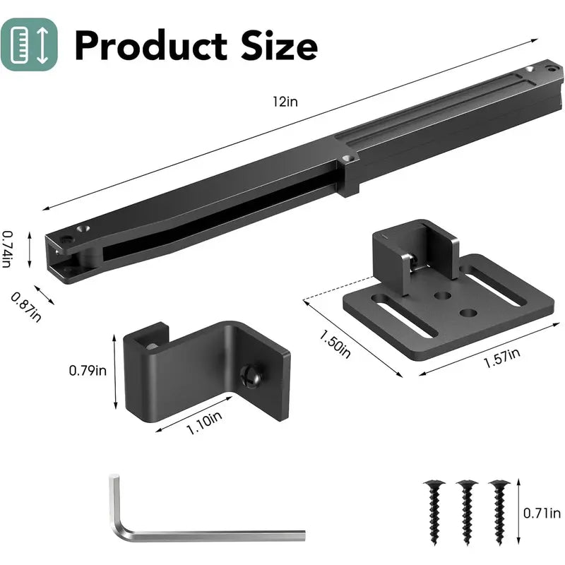 Dimensions of barn door soft close damper and mounting hardware